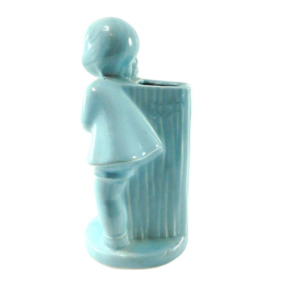 Vintage Girl Boy Hugging Planter by Shawnee Light Aqua Blue - Picture 3 of 8